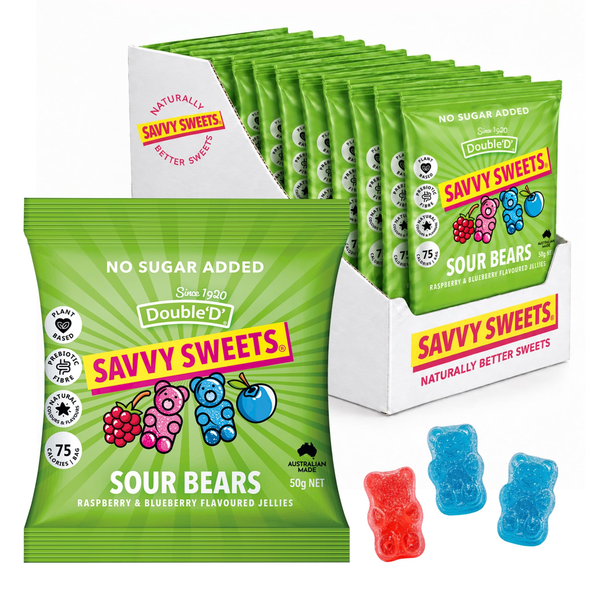 SAVVY Sweets Sour Gummy Bears - Low Sugar, High Fibre, 12 x 50 g Bags
