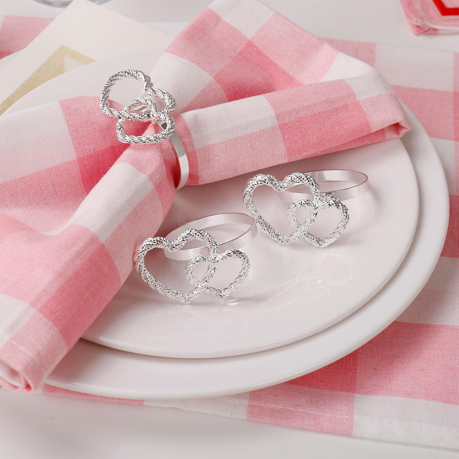 Servilleteros de corazón para el día de San Valentín, doble letra de amor, servilleteros para bodas, fiestas, cenas, vacaciones, mesa, decoración de mesa, decoración del hogar (doble amor-plateado)