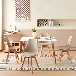 H.J WeDoo Juego de comedor con 4 sillas, mesa de cocina rectangular blanca y juego de 4 sillas de comedor, para salón, cocina, oficina (mesa de 110 x 70 cm + 4 sillas caqui)