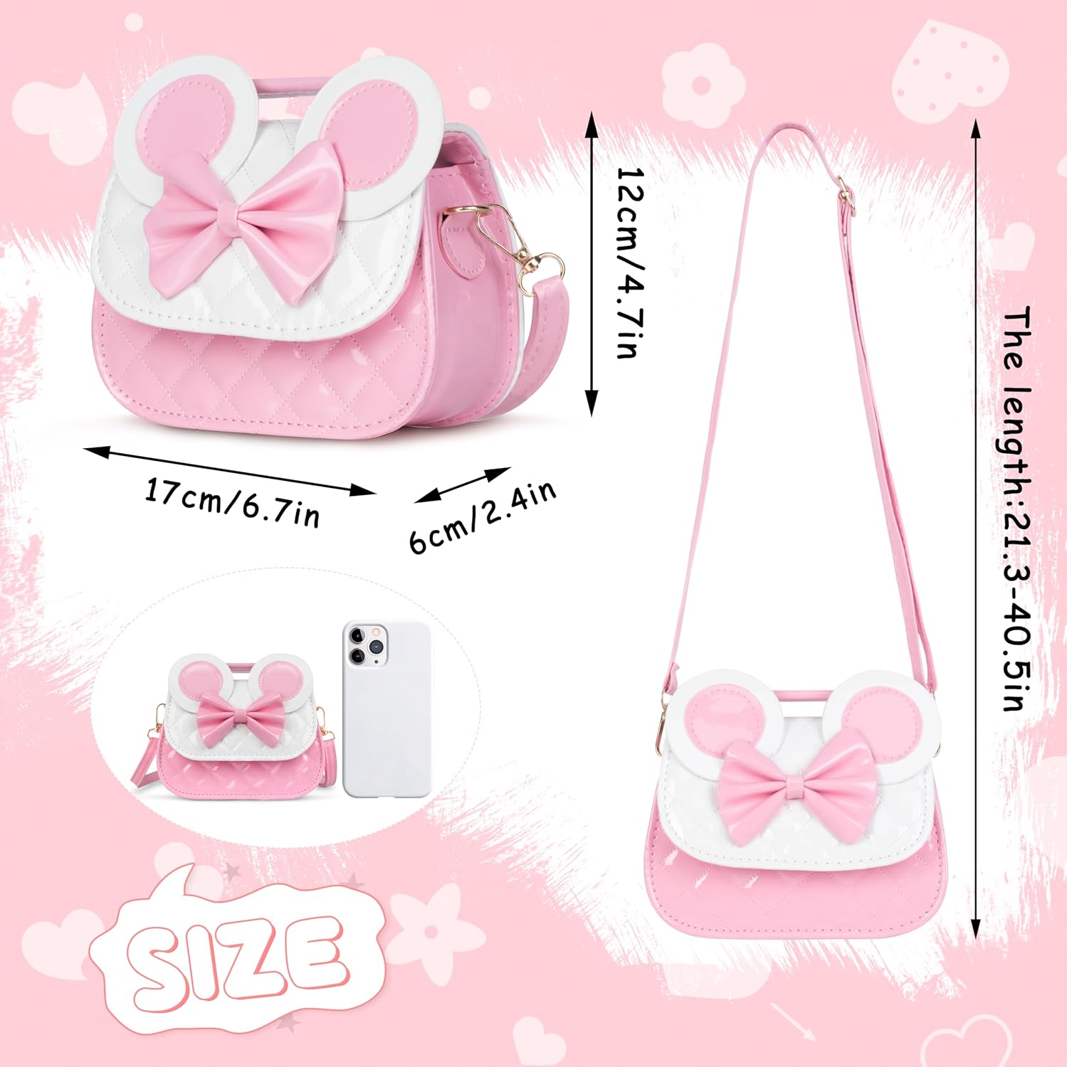 Kids Purse for Little Girl,Adjustable Crossbody Toddler Purses Mouse Ear Bow for Girls Age 3 4 5 6 7 8 9 Birthday Gift(Pink) - Image 3