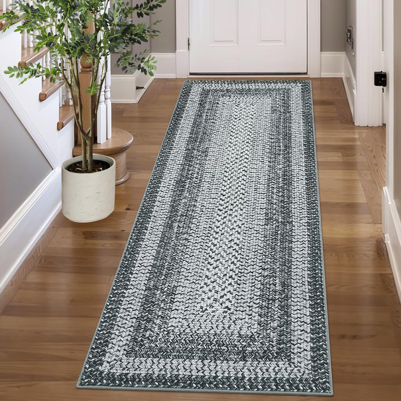 GarveeHome Printed Rug with Braided Pattern on it, Washable Rugs 2x6 Hallway Runner Non Slip Kitchen Rugs Soft Non Shedding Low Pile Entryway Rug Stain Resistant Carpet for Bath Laundry Room