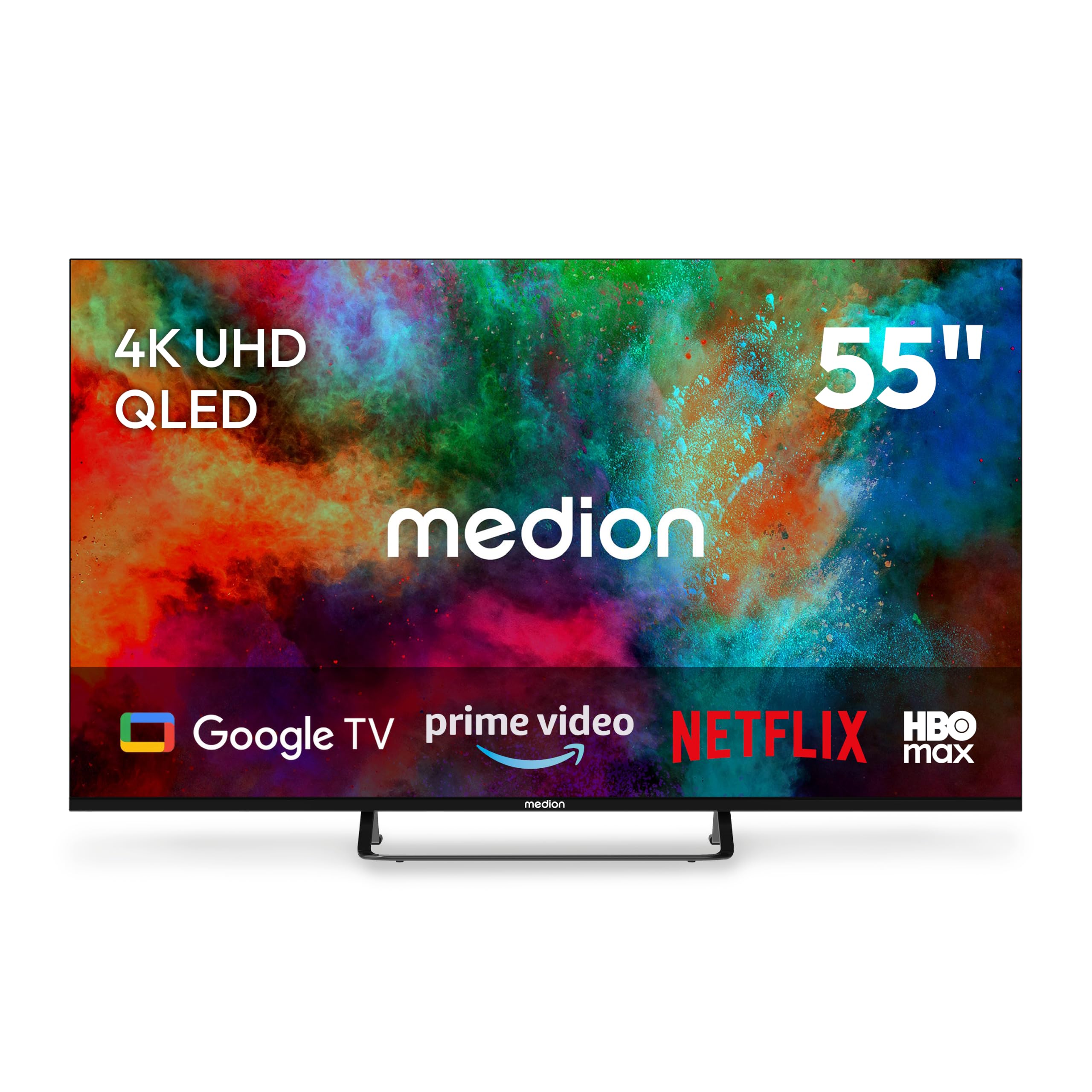 MEDION 138.8 cm 55" Televisor QLED Smart TV 4K Dolby Vision HDR Prime Video Disney+ Compatible con Google TV PVR Bluetooth, MD855701