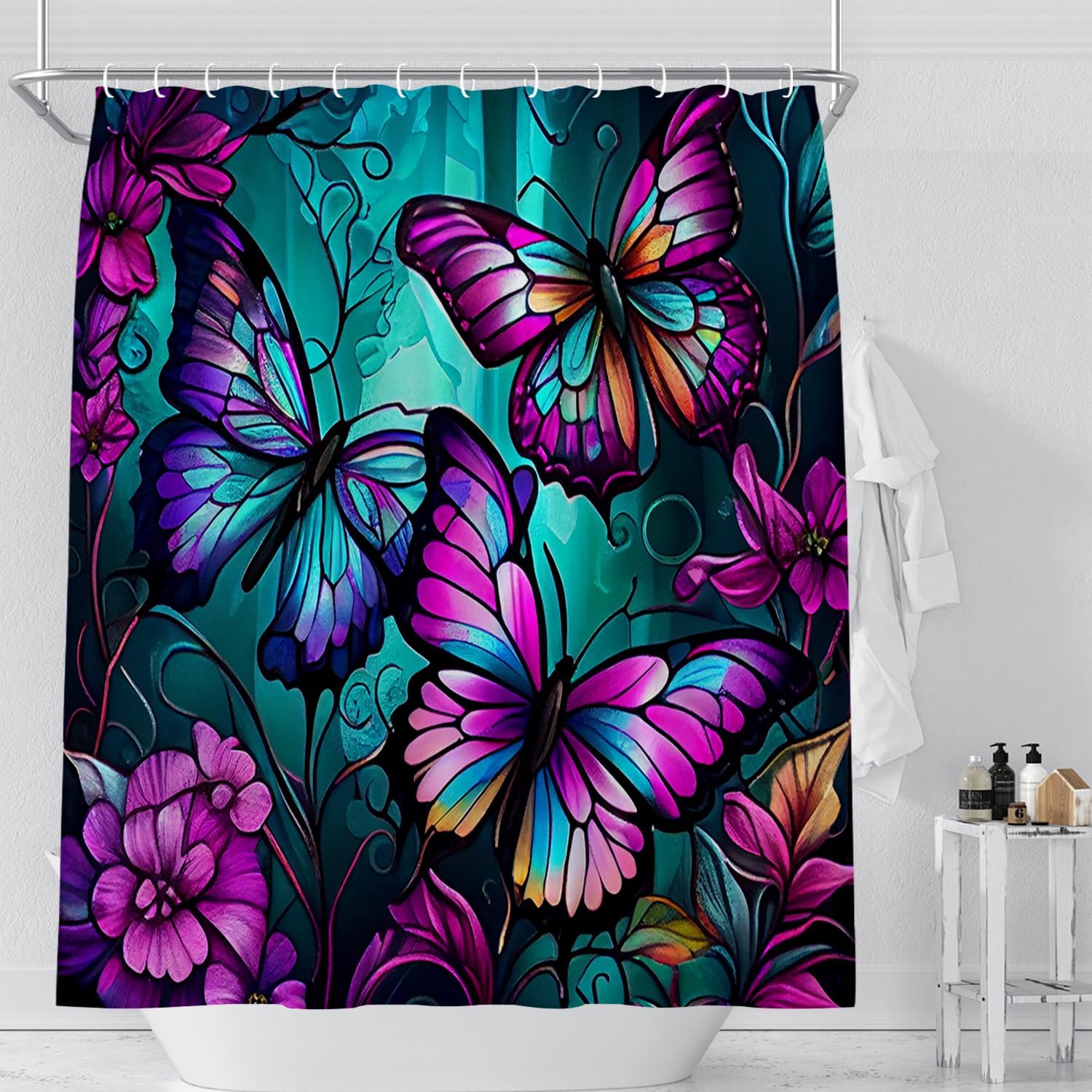 Orlco Art Purple Butterflies Bathroom Curtain Rustic Farmhouse Shower Curtain Set