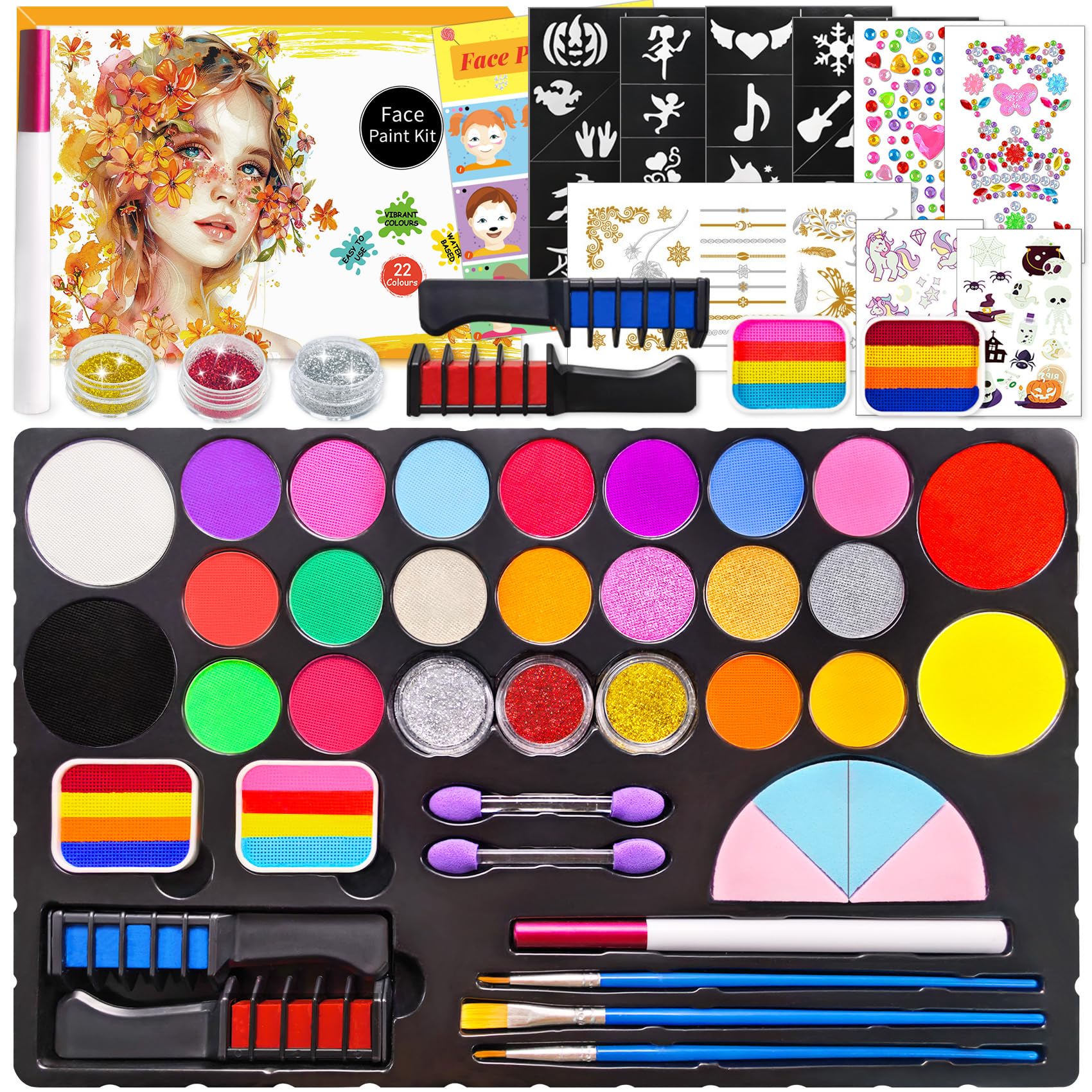 Mekkyes Truccabimbi Kit - 22 Colori Trucco Viso Bambini con 4 Colori Grandi e Adesivo per Tatuaggi, Truccabimbi kit Anallergici Atossici Body Painting per Halloween Carnevale Cosplay Natale