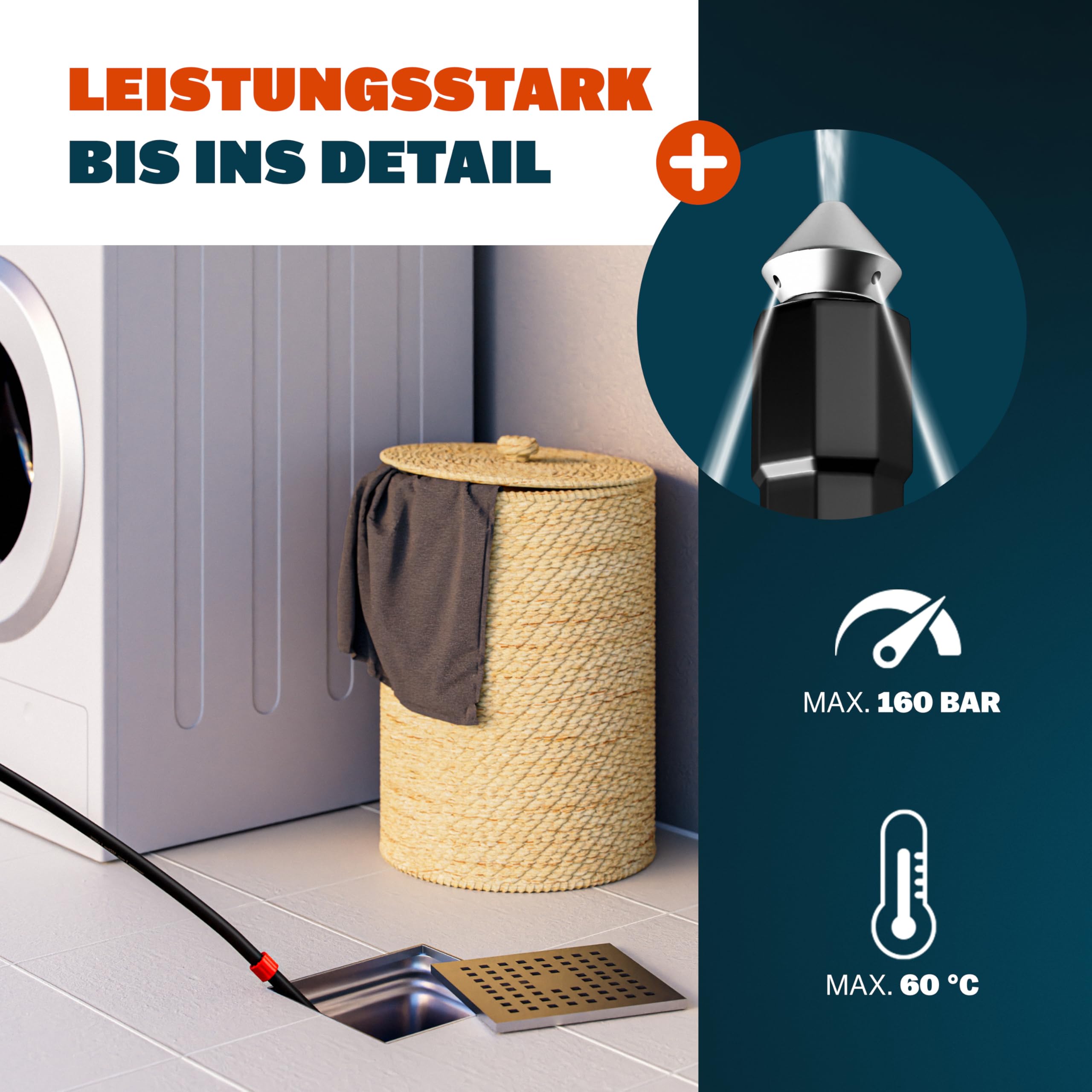 DEUBA® Rohrreinigungsschlauch 15m 160 Bar 4 Adapter Hochdruckreiniger Kärcher K2 K3 K4 K5 K6 K7 Rohrreinigungsset Abflussreiniger Rohrreiniger Schlauch