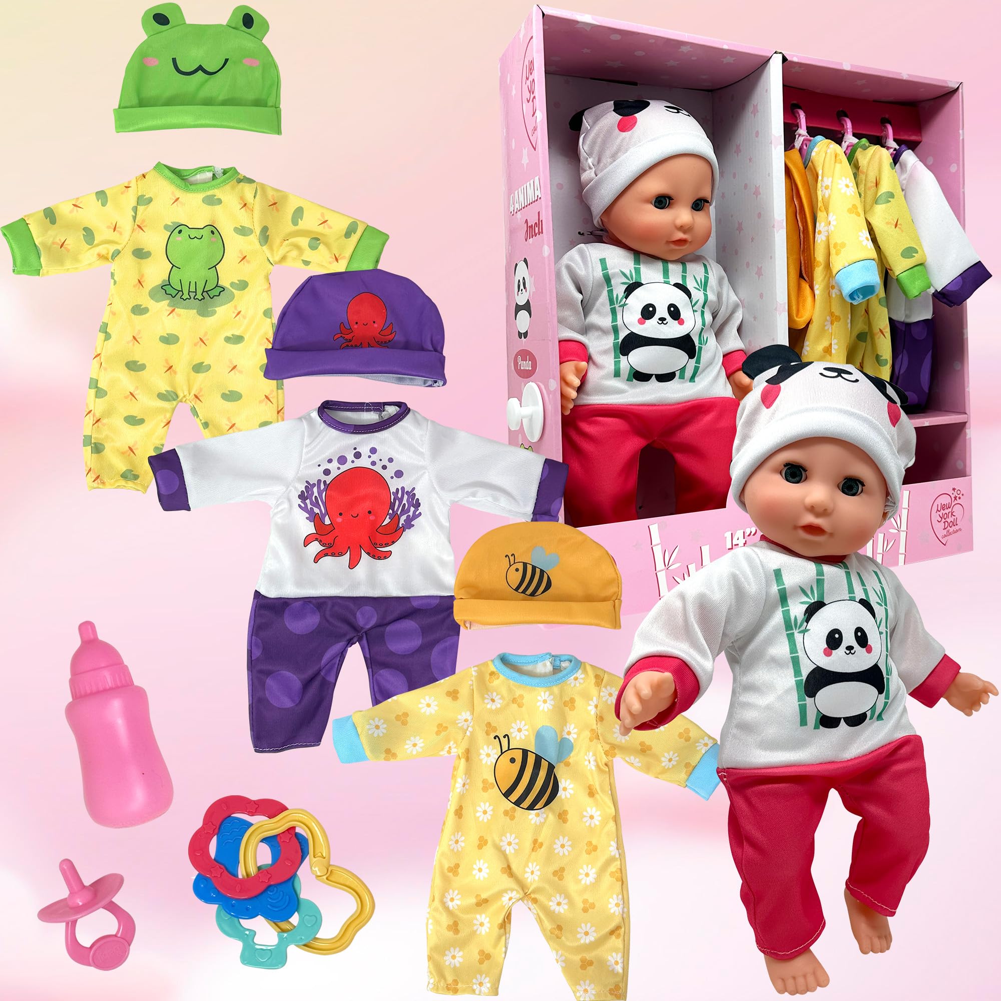 Muñeca de bebé de cuerpo suave con accesorios y 4 juegos de trajes de animales, muñeca realista con ropa y juguetes, juego de muñecas de 14 pulgadas, armario de armario, muñecas de bebé para niñas 5