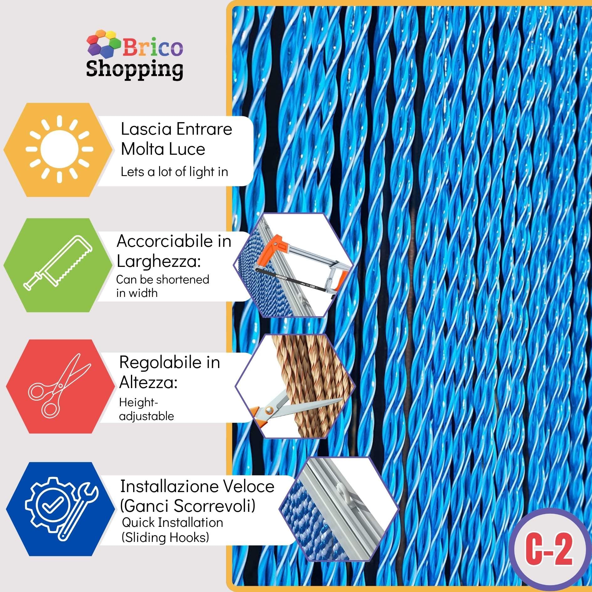 BricoShopping® Rideau Mosquière Mod.C à Fils en PVC réglable Moustiquaire pour Porte fenêtre extérieure entrée Balcon Camping-Car Fil Anti-Mouvement 15 Couleurs Fabriqué en Italie (150 x 250, 2 Blue)