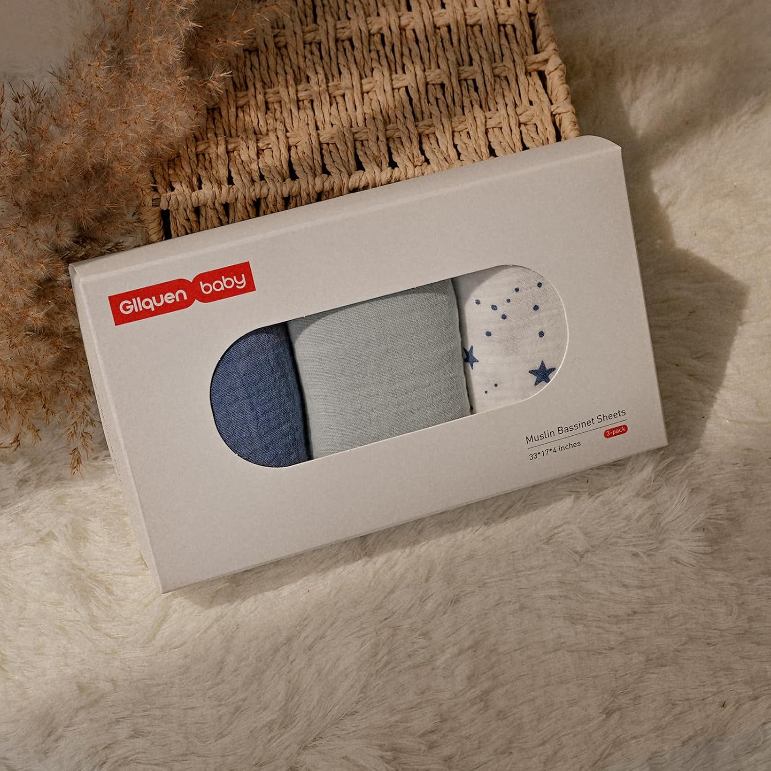 Gllquen Baby Muslin Bassinet Sheets 3 Pack, Breathable Elastic Cozy Fitted Cotton Bassinet Mattress Sheet for Baby Boy Girls, Fit for Hourglass Oval Rectangular Cradle Pad Sheets 33"x17" (Blue) - Image 7