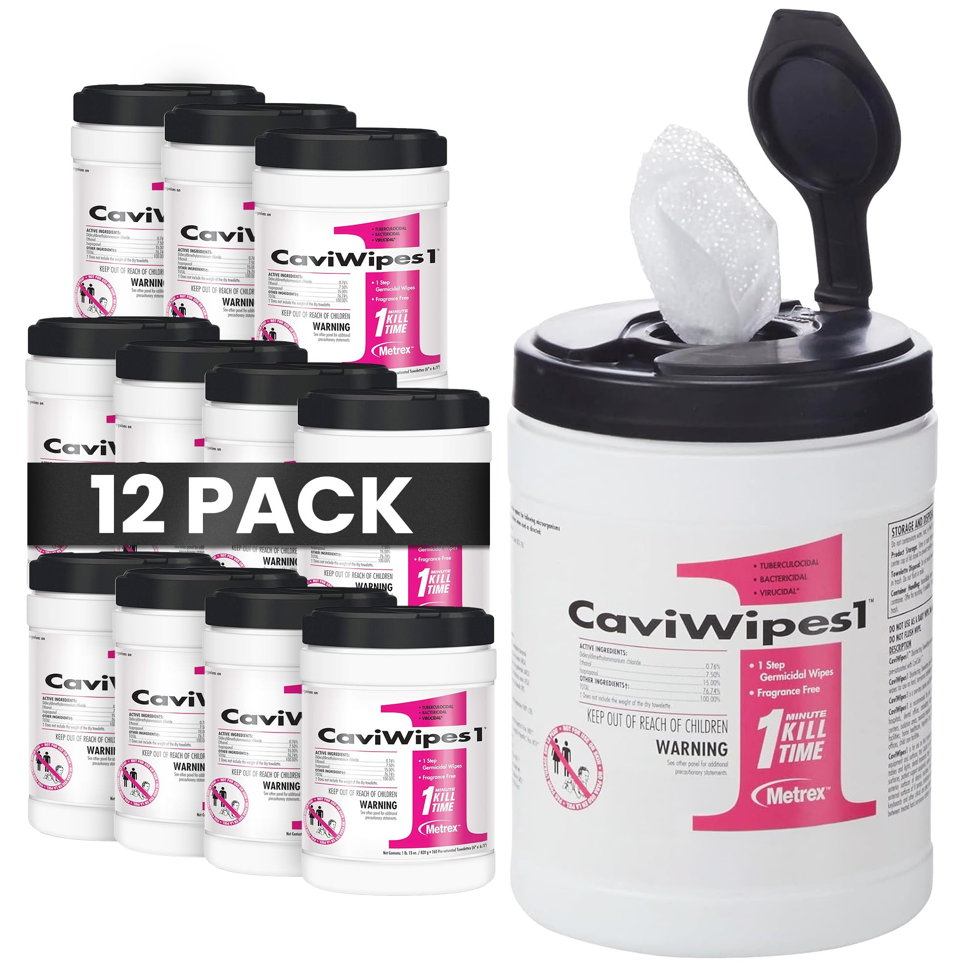 CaviWipes1 Surface Disinfectant Towelettes – Durable Non-Woven Disinfecting Wipes for Hard, Non-Porous Surfaces, Pre-Saturated with CaviCide1 – 6" x 6.75", 160 Wipes per Canister (Pack of 12)