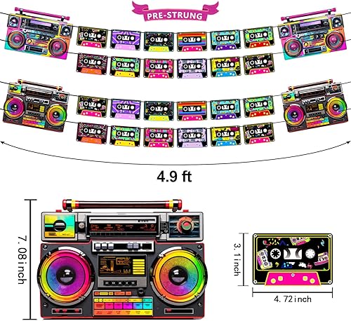 Miniatura 4 de Decoraciones de fiesta preencordadas de los años 80 y 90, sin bricolaje retro de los años 80 y 90, carteles de cinta de cassette, decoración de