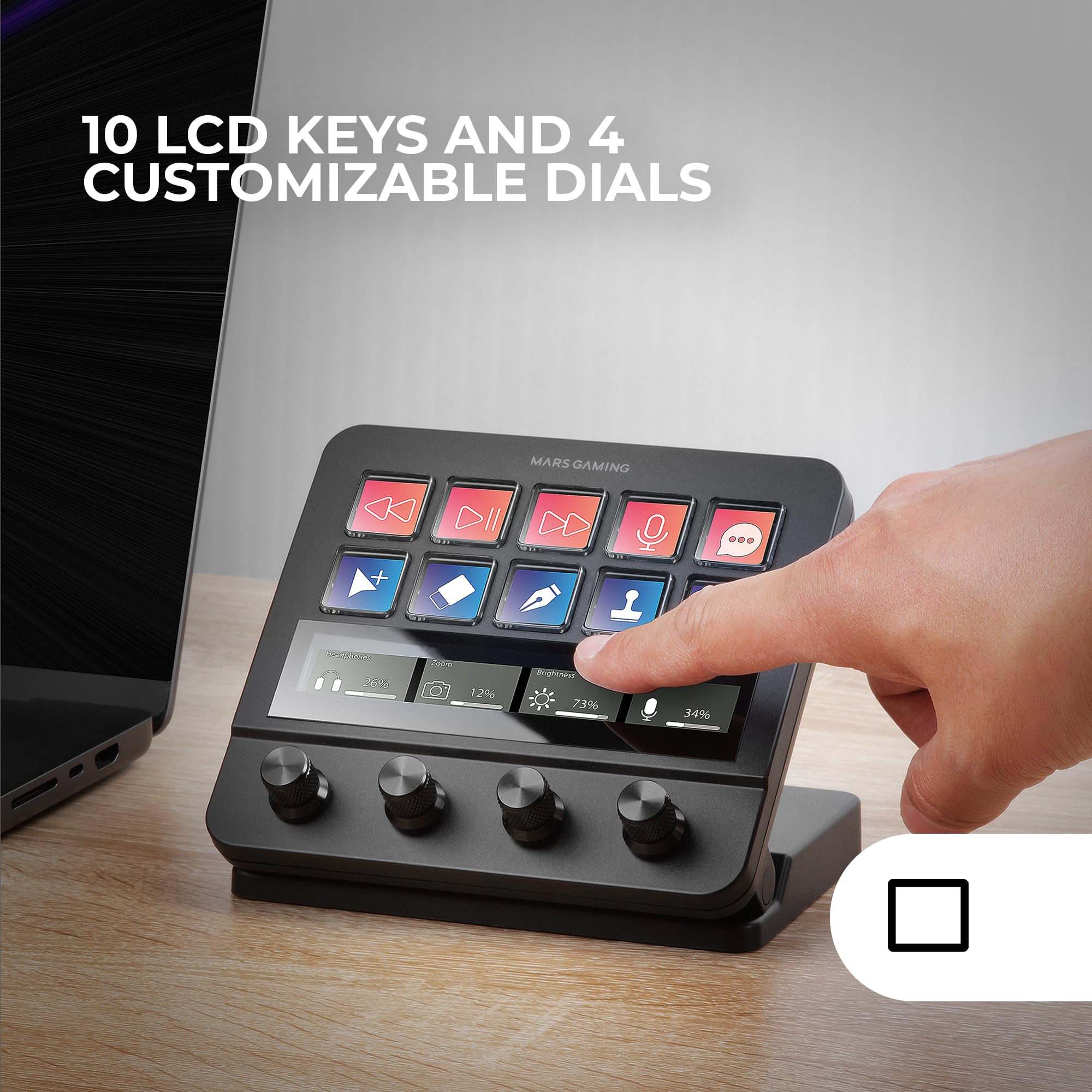 Mars Gaming MSD-Pro, Control Deck, 10 Touches LCD et 4 Boutons Personnalisables, Écran Tactile Étendu Animé, Base Réglable ; Logiciel de Contrôle, Hub USB avec 2X USB 3.0 + 1x USB-C, Noir