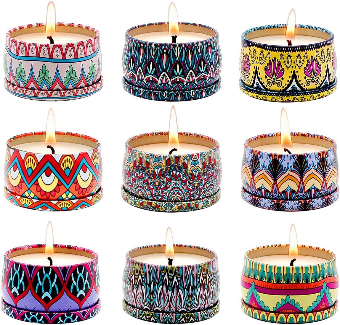 Bohemian Scented Candle for Christmas Thanksgiving Housewarming Gift, Set of 9 2.2oz Aromatherapy Candle for Stress Relief, Bohemian Tin Candle