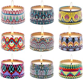 HILAYUN 9-Pack Scented Candles Gift Set, 2.5 oz Boho Tin Candles for Home Aromatherapy, Relaxation Gift Baskets, Unisex, Colorful Boho, All Season, 9 Count