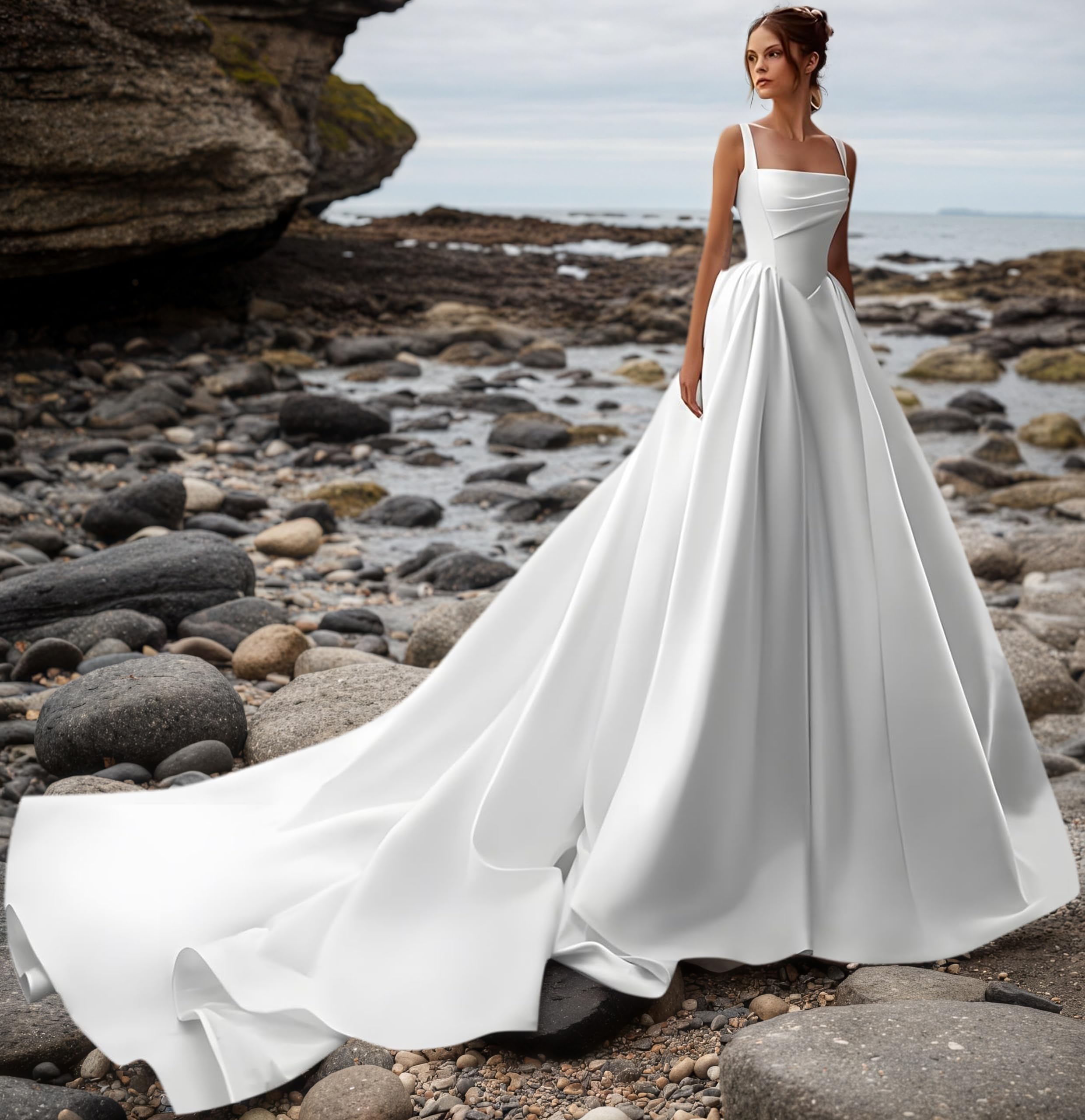 Robe de mariée en satin - Robe de mariée blanche avec traîne - Robe de mariée sans bretelles pour femme - Élégante robe de mariage