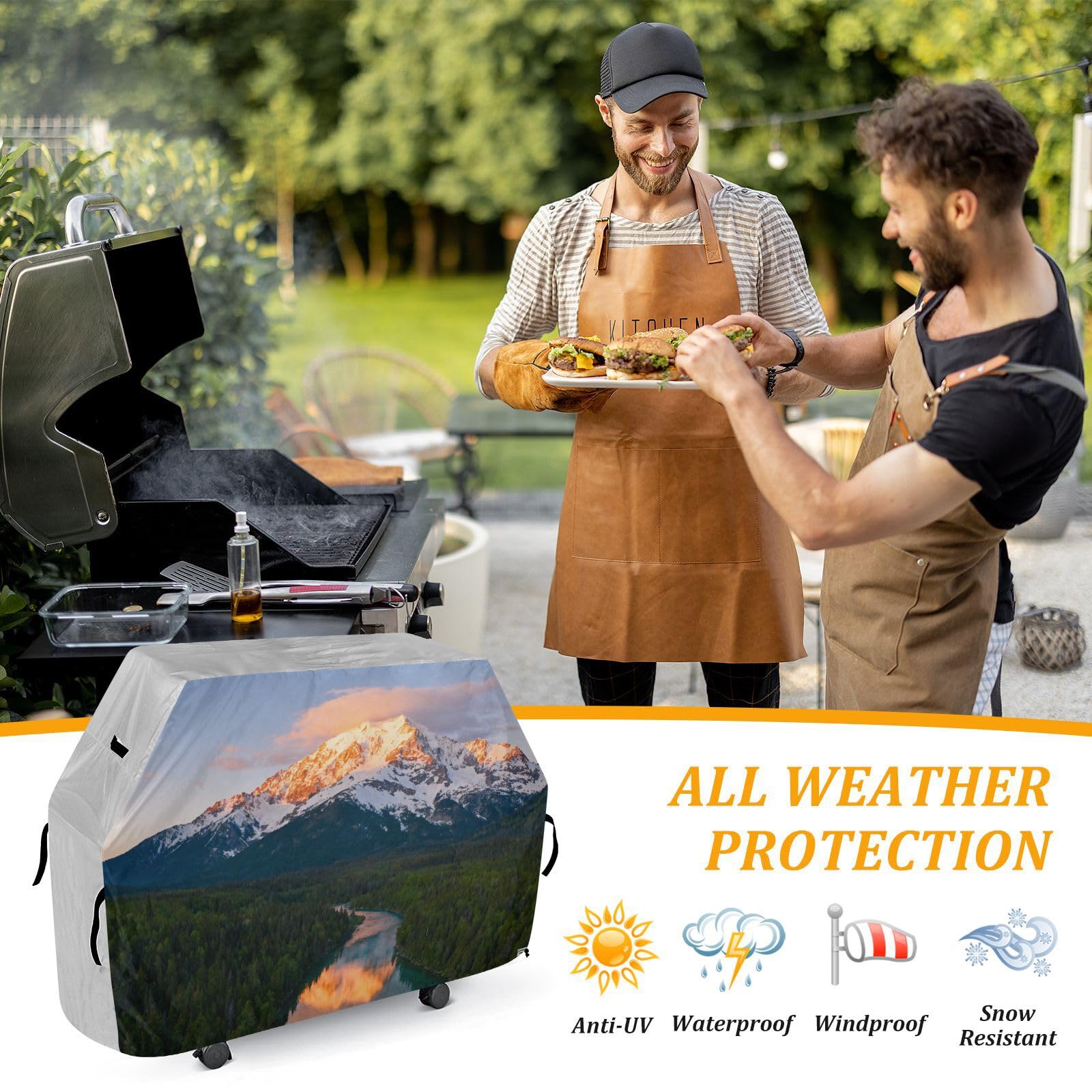Snow Mountain Green Forests Sceneria BBQ Grill pokrowiec 158 cm wodoodporny wytrzymały odporny na rozdarcie odporny na blaknięcie materiał pokrowiec na grilla z regulowanym sznurkiem dla kurzu i