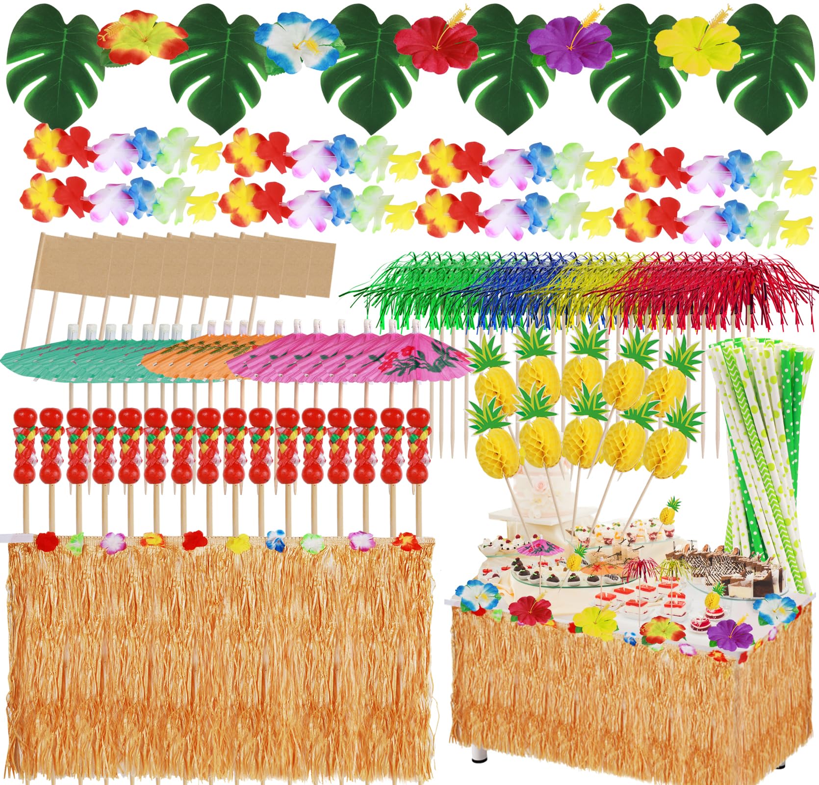 199 Stück Hawaii Party Dekoration Set, Tropische Party Dekoration Set, Hawaii Luau Tischröcke, Hawaii Deko, Banner, Blüten, Künstliche Palmenblätte für Hawaii Party Deko Beach Tropischen Garten Party