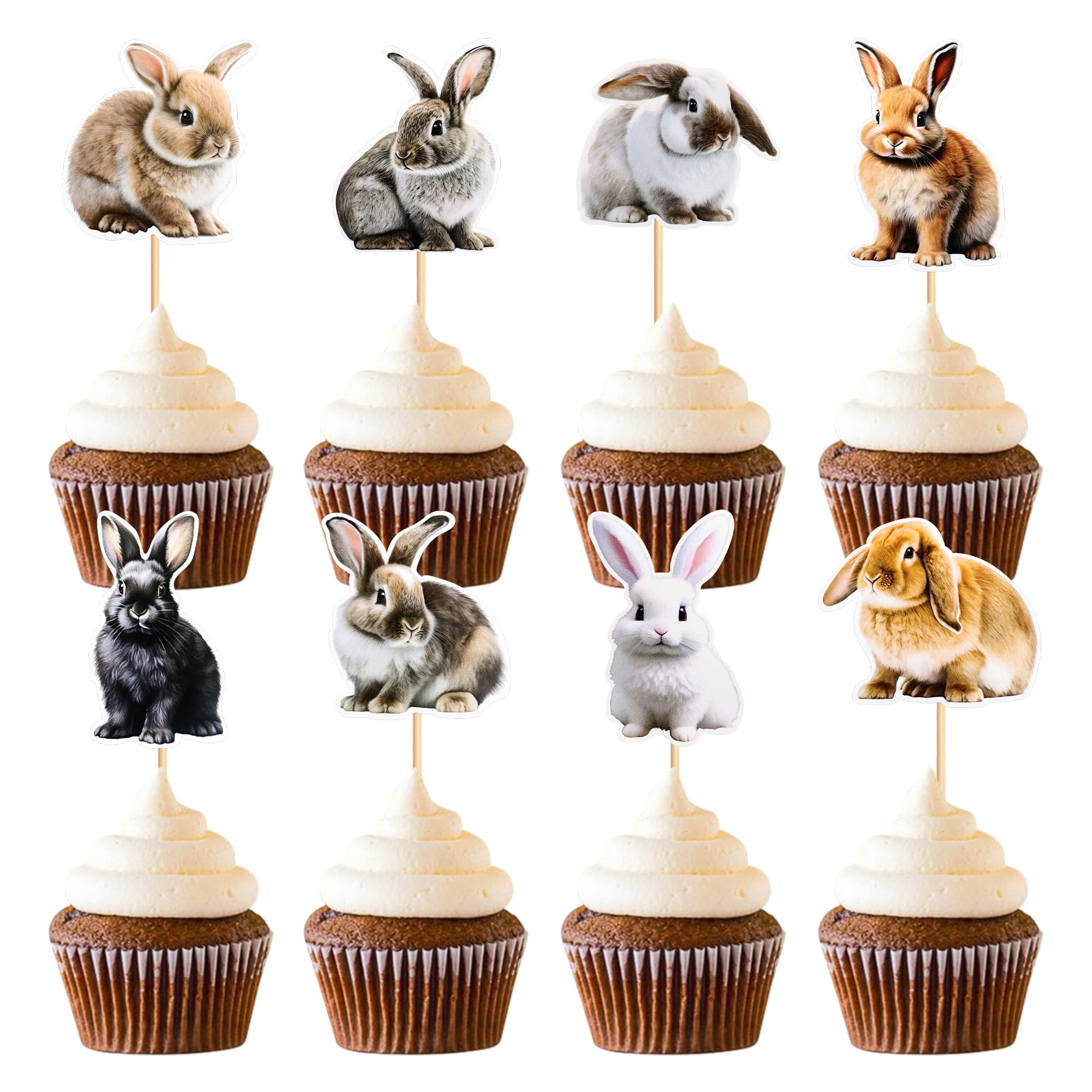 Pack of 24 Rabbit Pattern Cupcake Toppers Happy Birthday Cake Decor for Children Wild Jungle Animal Theme Birthday Party Supplies Celebration Party Events Baby Shower