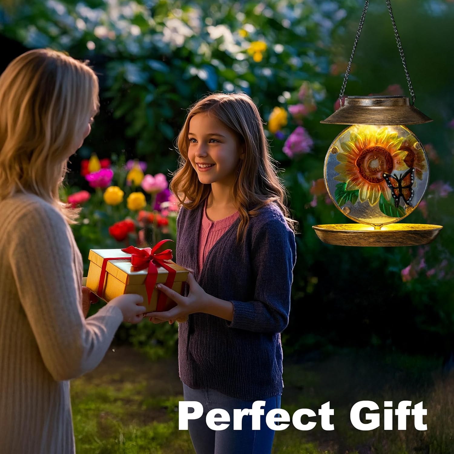 Solar Bird Feeders for Outdoors Hanging, Solar Sunflower Bird Feeder with Led Light Waterproof Metal Birdfeeders Outside Hanging Decorative for Outdoor Garden Yard Patio Backyard