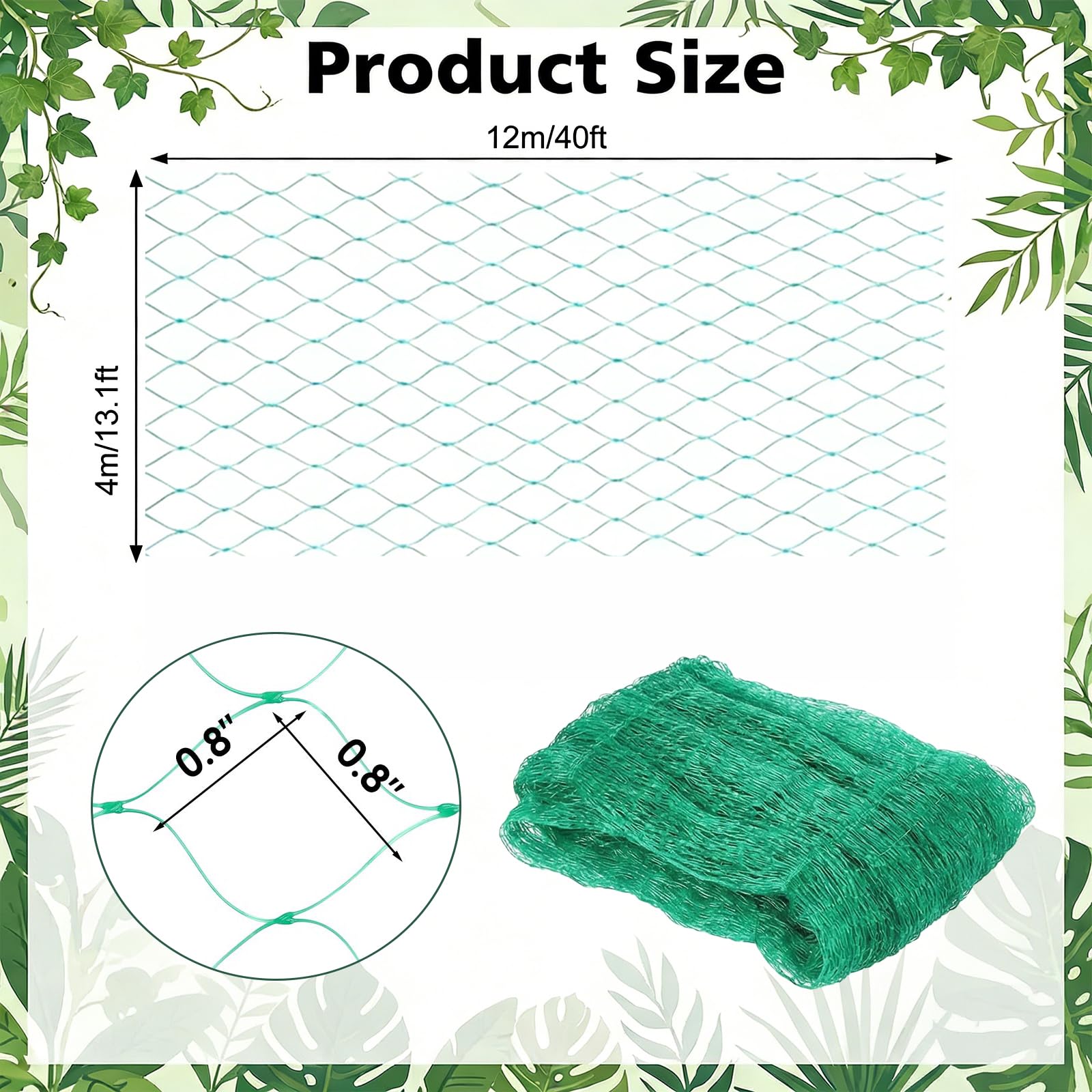 Rete Anti Uccelli Verde, 4 x 12 M Reti Anti Piccioni a Maglia Fine, Rete Protezione Piante, Reti per Uccelli Protezione per Stagni, Alberi da Frutto, Ortaggi, Fiori, Arbusti (Verde-4 * 12M) - 2