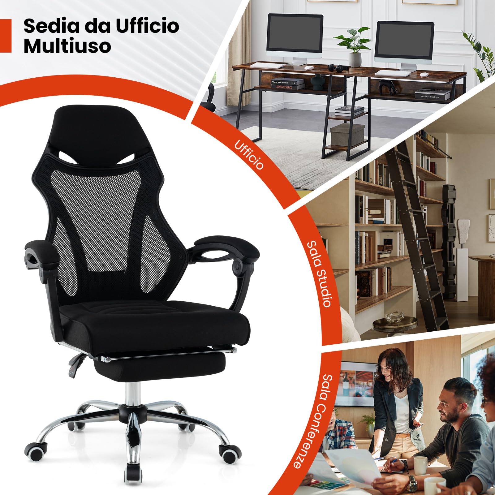 GYMAX Sedia da Scrivania per Computer, Sedia da Ufficio Ergonomica in Mesh Regolabile in Altezza con Schiena Inclinabile, Braccioli, Testiera, Sedia Girante Reclinabile per Sala Riunioni, Nera