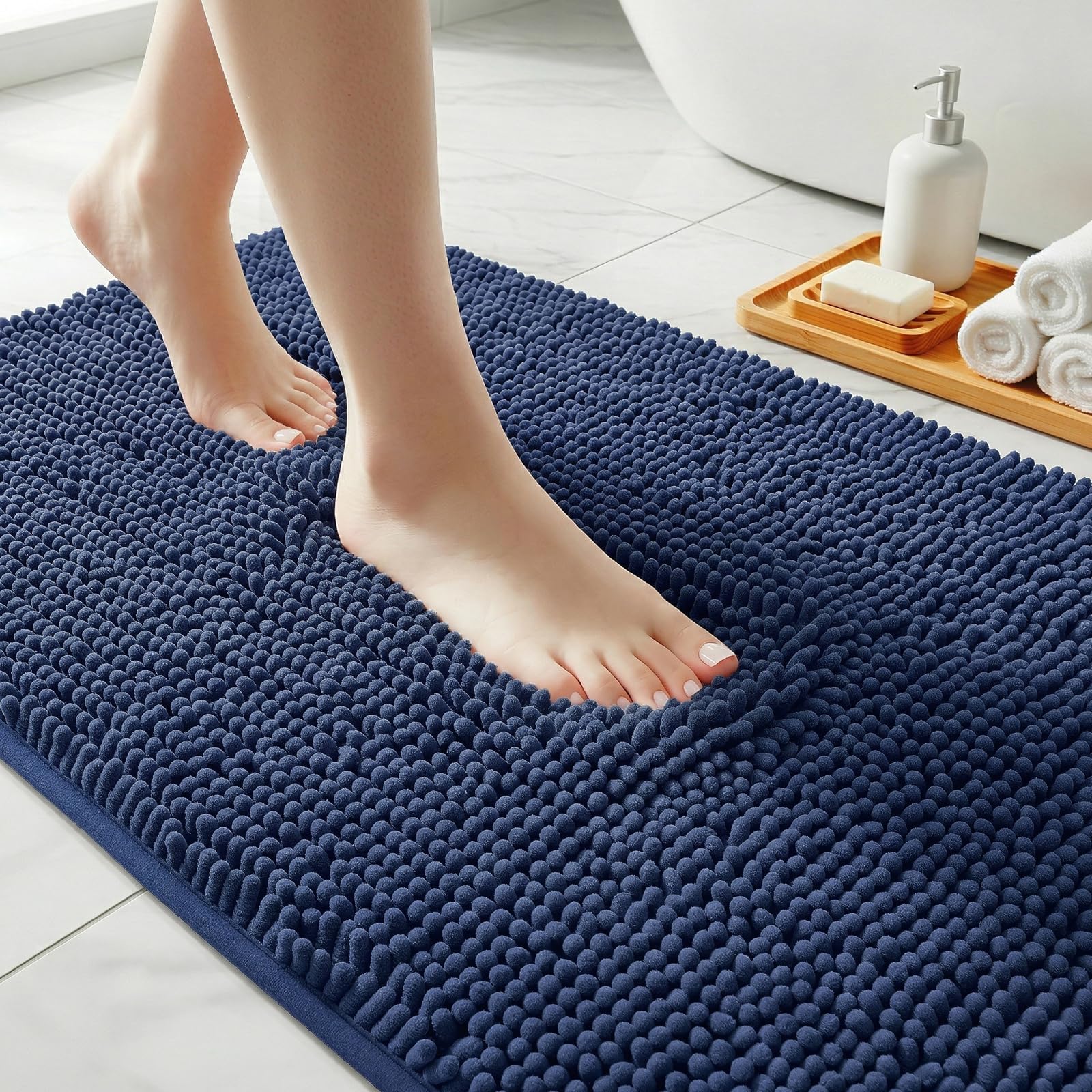 Secura Bathroom Rugs 47x28, Ultra Soft Chenille Bath Mat, Super Absorbent & Quick Dry Bathroom Mat, Non Slip Machine Washable Bath Rugs for Tub, Shower, Home Decor Accessories (Blue)