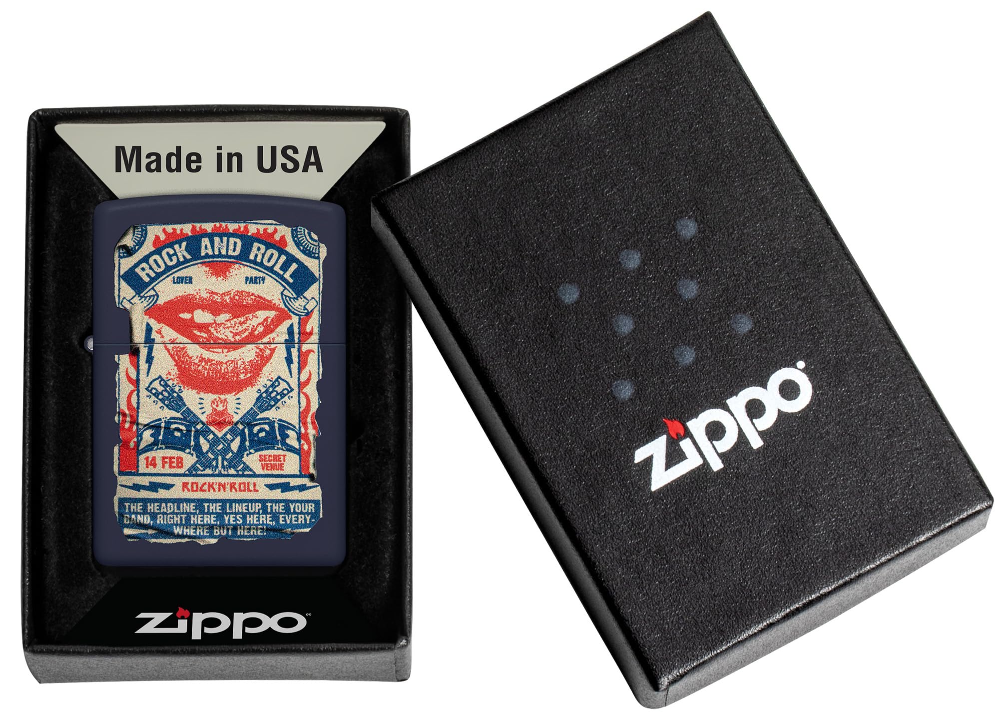 Zippo Encendedor a Prueba de Viento - Rock & Roll Poster - Acabado Azul Marino Mate, Color Image - Recargable - Reutilizable - Diseño a Prueba de Viento - Caja de Regalo - Hecho en EEUU