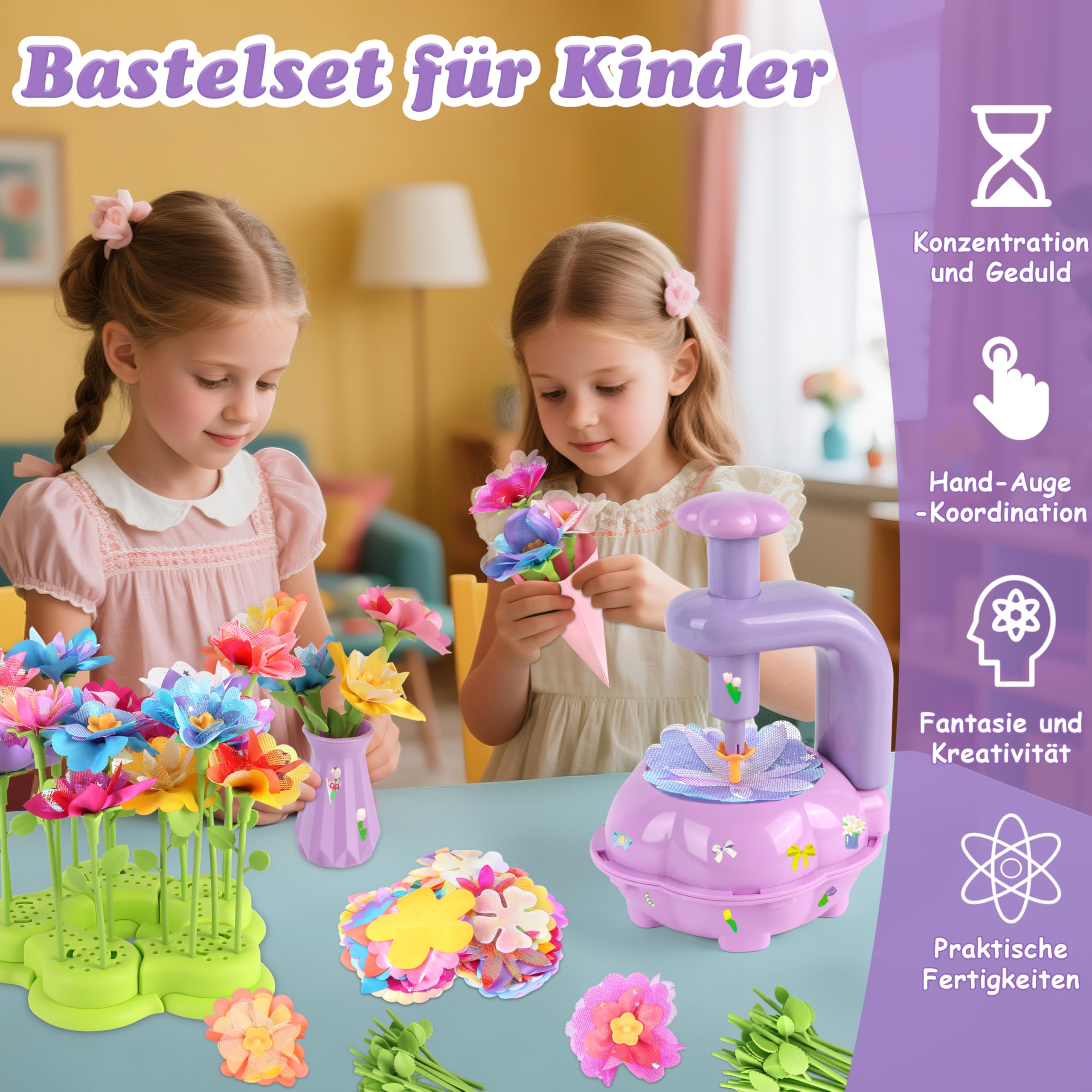 Sumsoltic Meisjesspeelgoed, bloemenpers, knutselset voor kinderen 4 jaar, doe-het-zelf bloemen, knutselen, speelgoed met bloemenmachine, boeket, cadeaus voor meisjes vanaf 3, 4, 5, 6, 7, 8, 9, 10 jaar