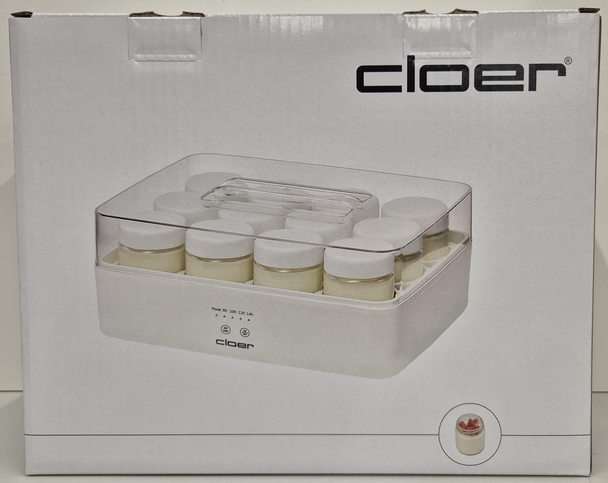 Cloer 9921 Yaourtière pour 12 pots, chacun 150 ml de capacité, pour yaourts et ferments, minuterie, 8 à 14 heures, boîtier en plastique blanc, 17 W, couvercle transparent