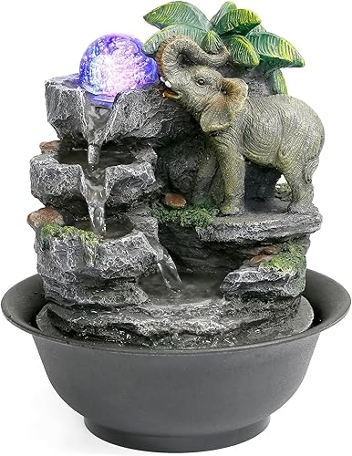 BEAMNOVA Fuente de mesa, fuente de agua de relajación Feng Shui fuente interior de escultura de elefante con bola giratoria colorida para decoración