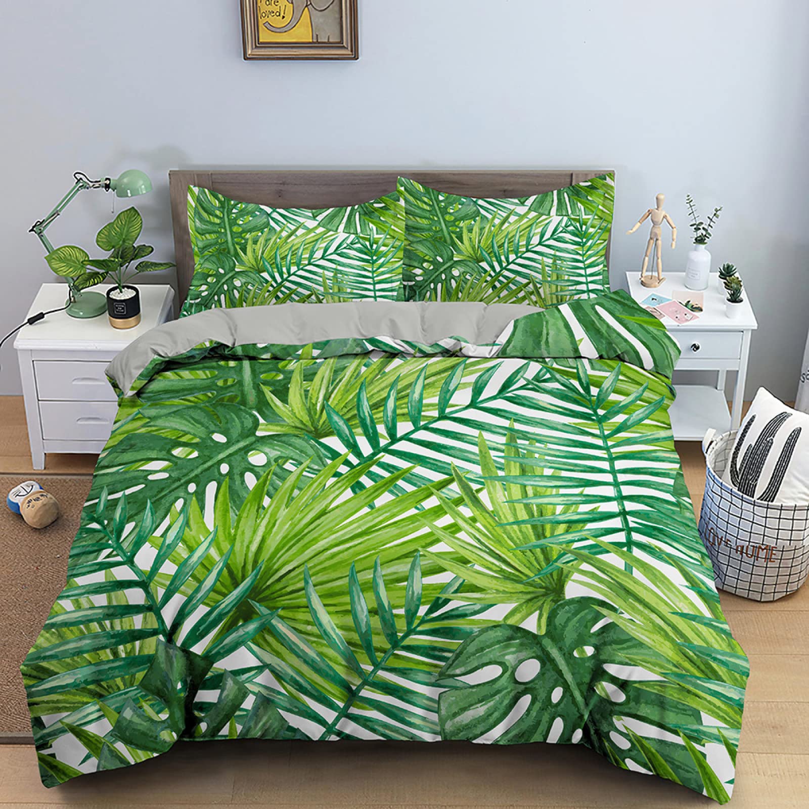 Dwetcxo King Size Duvet Cover Sets Tropical Plant Patterns Kingsize Duvet Cover Sets Microfiber Breathable King Size Bedding Soft Bedding with Zipper Closure+2 Pillowcases 50x75cm 220x240cm