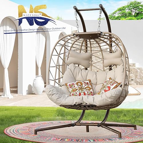 Miniatura 9 de NICESOUL Silla de huevo con doble columpio con soporte, grande para 2 personas, para interiores y exteriores, mimbre para patio, cesta de tamaño