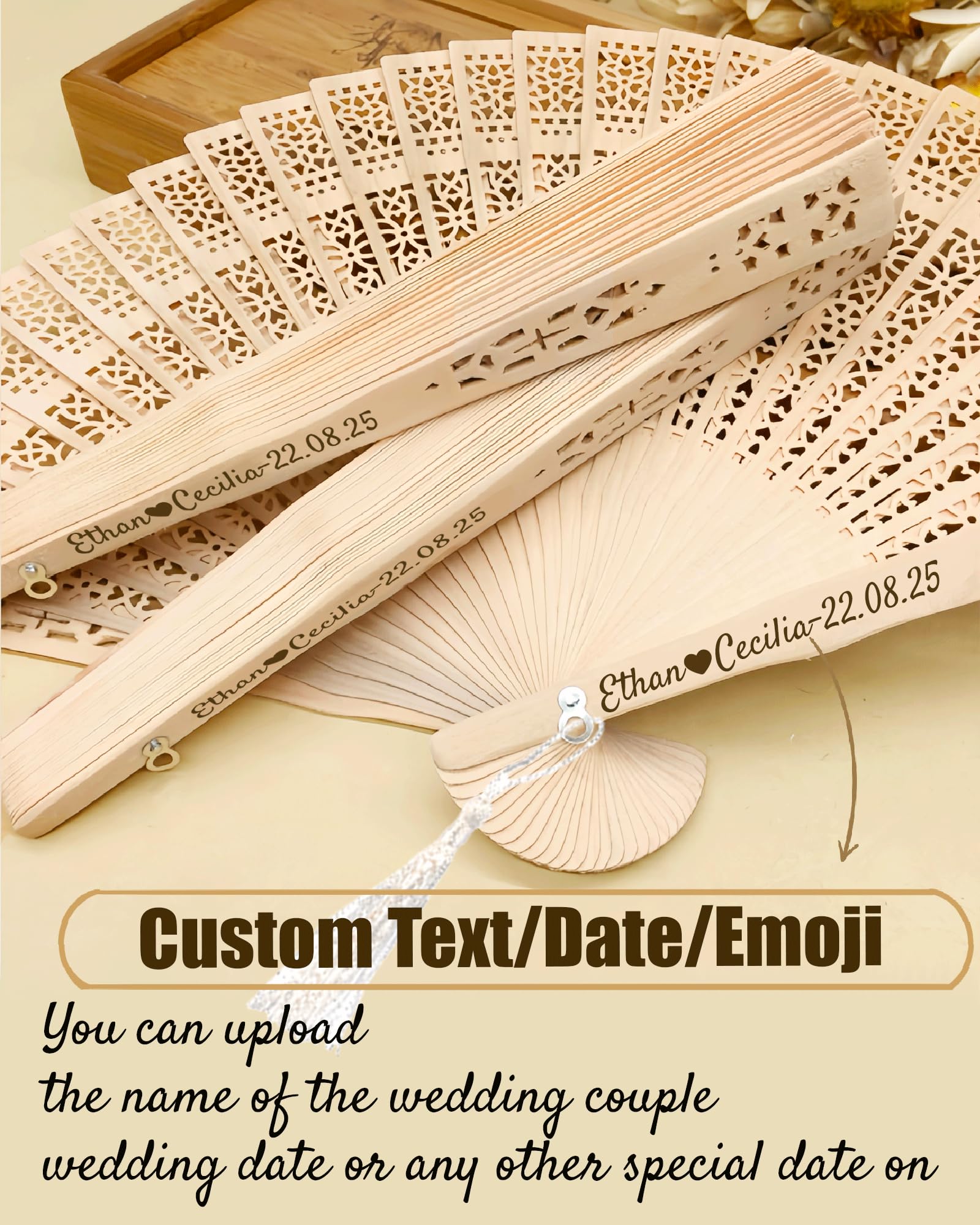 100Pcs Wedding Fans Personalized Wooden Fans Custom Folding Fans Handheld with Tassel and Yarn Bag Wedding Favors for Guests Bulk (100)