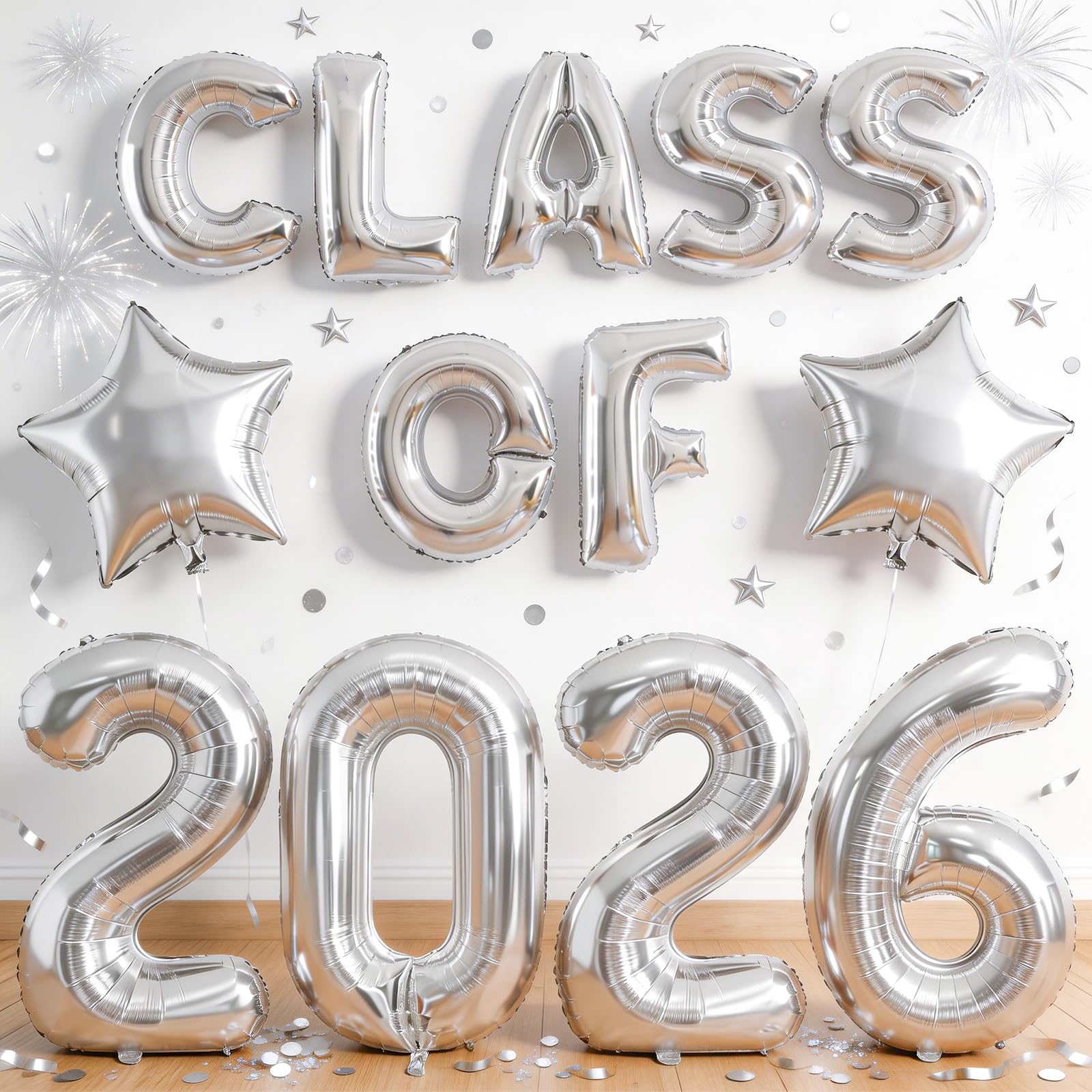 Froova Silver Class Of 2026 Balloons 32/18/16 Inch Graduation Balloons Class of 2026 Decorations Silver Star Foil Balloons for Grad High School College Prom Graduation Sign Party Decorations Supplies