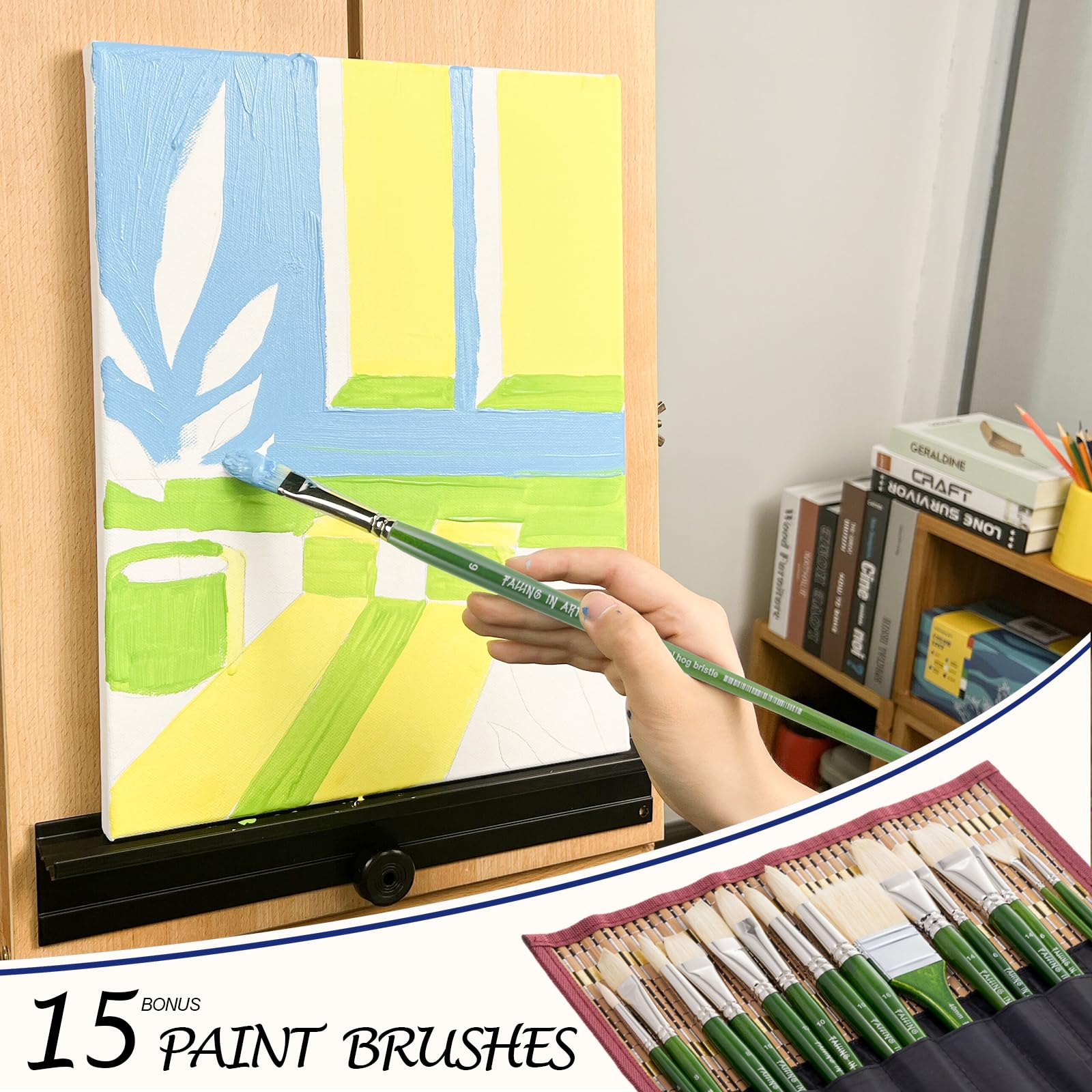 Falling in Art Set di pennelli professionali con setole naturali, 15 pennelli con manico lungo per pittura acrilica, pennelli a ventaglio, rotondi, piatti, angolati e filbert, con custodia, verde