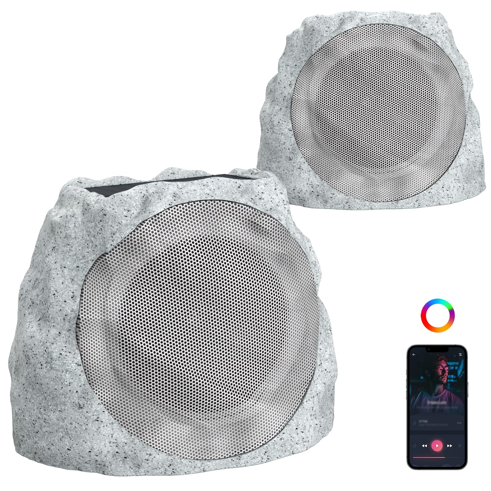 Outdoor Speakers with Lights Show Portable Speakers Bluetooth Wireless Outdoor Speaker Bluetooth Waterproof patio Solar Powered and Rechargeable Rock Speaker for patio Pool,Backyard (Marble, 2 Pack)