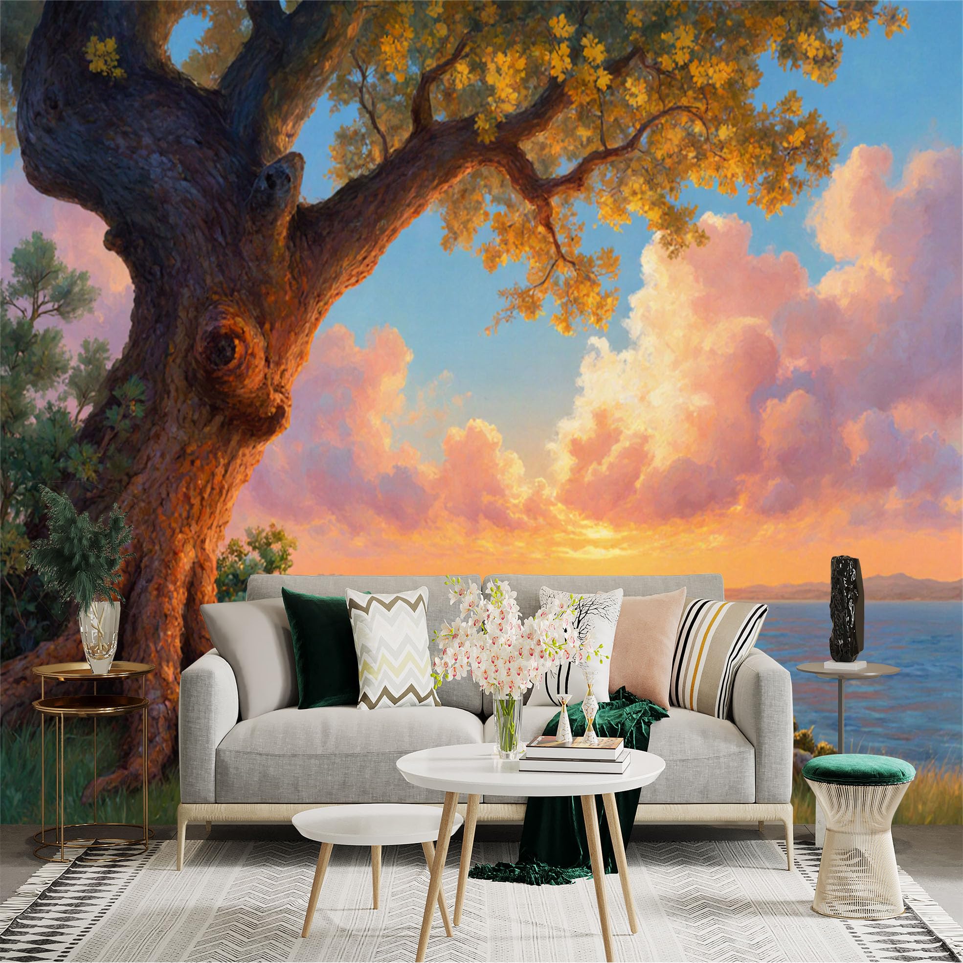 Custom Size Wall Sticker Mural， Golden Autumn Tree by the Lake， Serene Sunset Sky， Peaceful Nature Scenery， Warm Sunlight Reflection， for wall Decoration， peelandstick wall Decals.