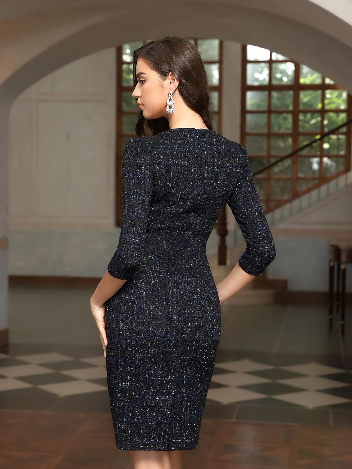 M.Infisavo Sheath Dresses for Women 2026 Notch V Neck 3/4 Sleeves Slim Fit Office Pencil Dress - Image 3