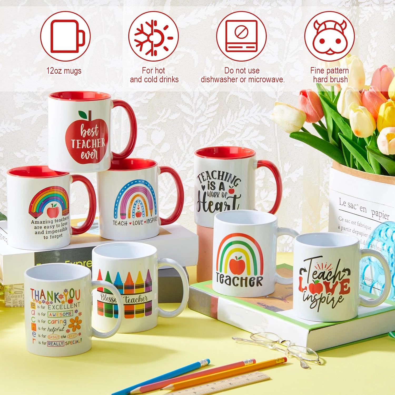 Maxdot 8 Pieces 12 oz Teacher Appreciation Gifts Bulk Coffee Mugs Set with Handle Ceramic Matching Cups Bulk for Best Teacher Thank You Home School Office Table Centerpieces