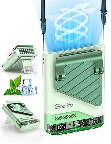 Grelife Ventilador portátil AI con pantalla LED y tiempo de funcionamiento de 40 horas, 5 velocidades, 10000 RPM, ventilador de mano de cintura