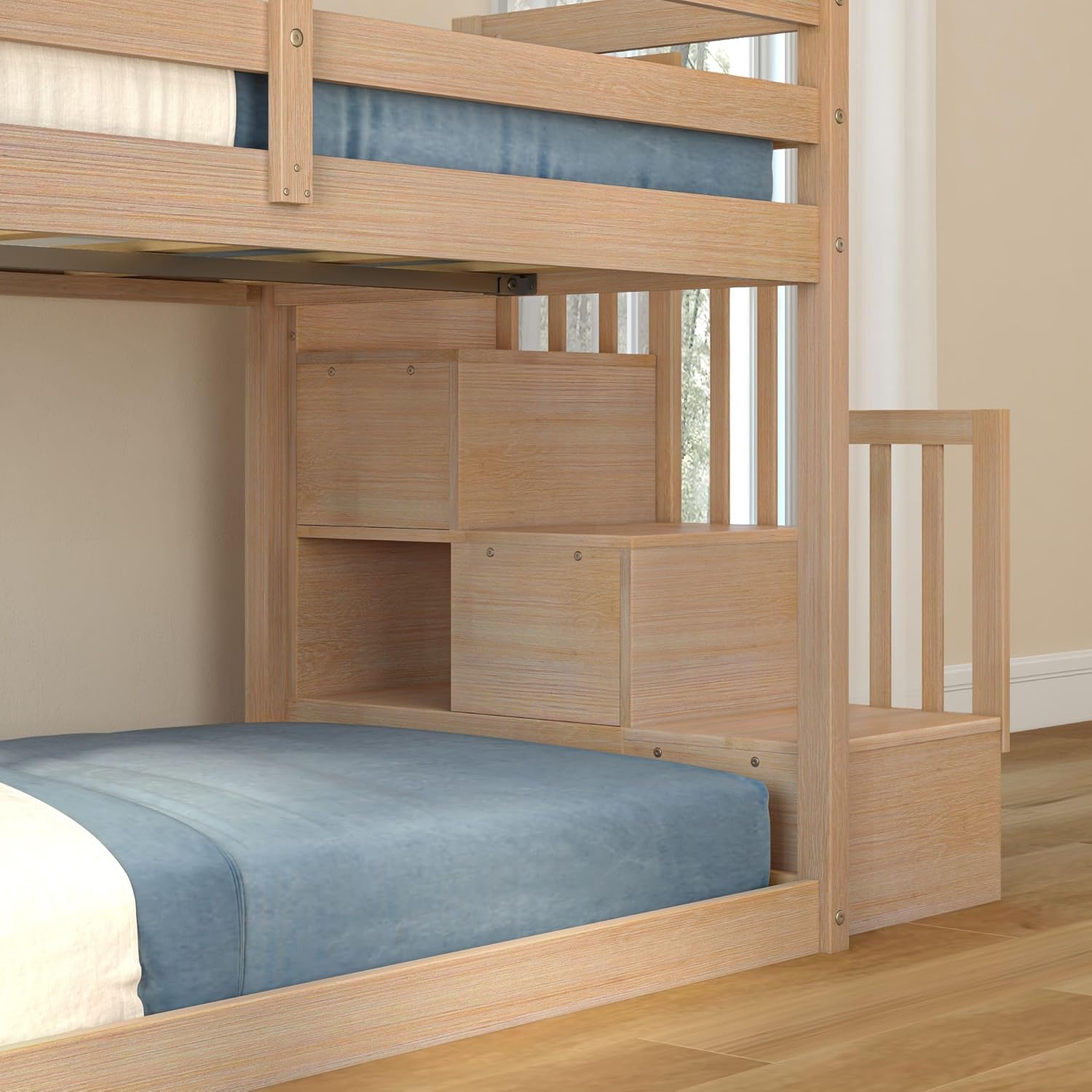 Grain & Grove Bear Twin Over Twin Bunk Bed with Staircase, Low Bunk Bed Frame for Kids, Bunk with Ladder, Guardrail, and Slats, No Box Spring Required, Oak Embossed Natural