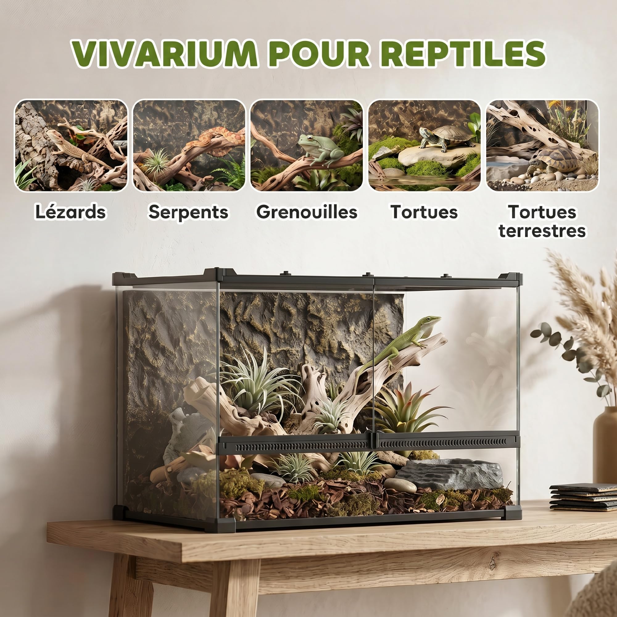 PawHut Terrario de Vidrio para Reptiles 50x30x35 cm Negro