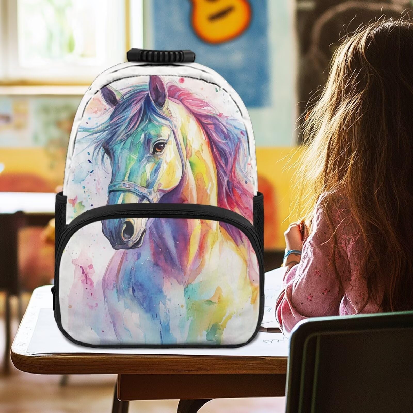COEQINE Mochila escolar para niñas de 1er grado para adolescentes, mochila escolar de caballo arco iris para niños, bolsa ligera para niñas grandes de 4 a 6 años, regalos de cumpleaños, Caballo