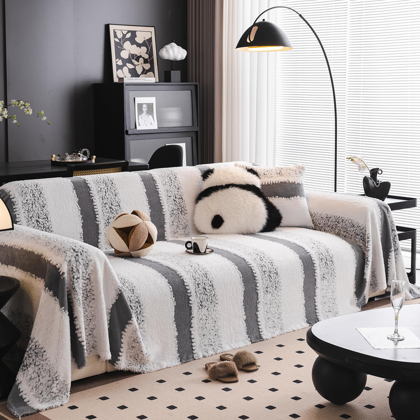 SHANNA Stripe Sofa Cover for 2 3 4 Seater, Cotton Blend Velvet Slipcover for Corner L Shaped Sofa, All-Season Protection Couch Cover, Furniture Protector Loveseat Futon Bed Cover with Non-slip Bottom — image 1