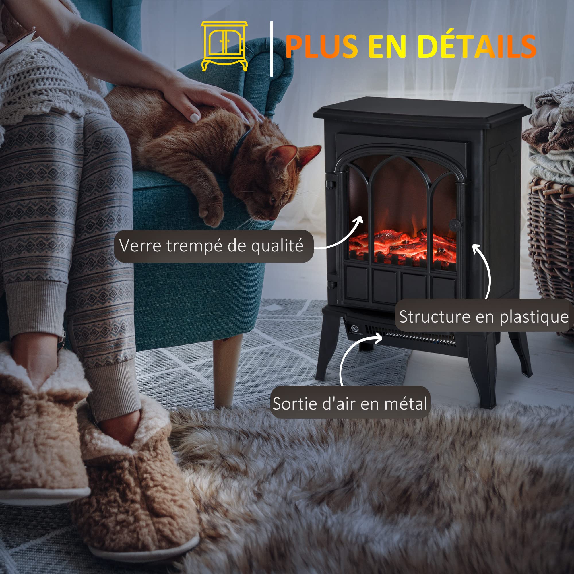 HOMCOM Cheminée électrique sur Pied 1000/2000 W, Fausse cheminée décorative avec Effet Flamme LED, Protection Contre la surchauffe, Zone de Couverture 15-30 m², Noir