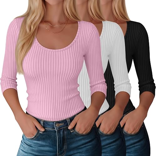 Xaatren 3 Pack Womens 3/4 Length Sleeve Fitted Top, 3-Color, XX-Large