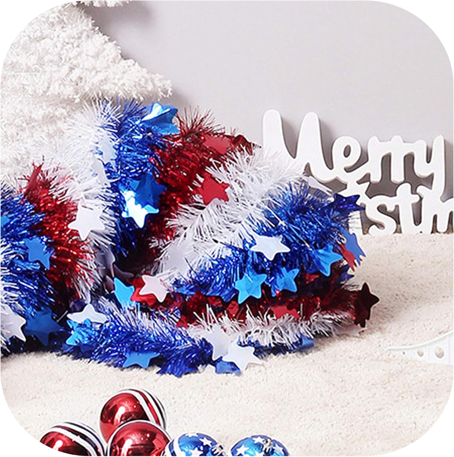4th of July Decor, Patriotic Pop up Pencil Christmas Tree,4.9 Ft Christmas Tinsel Tree,Sequin Star Ornaments Garland Collapsible Tree for Independence Day Memorial Home Decor