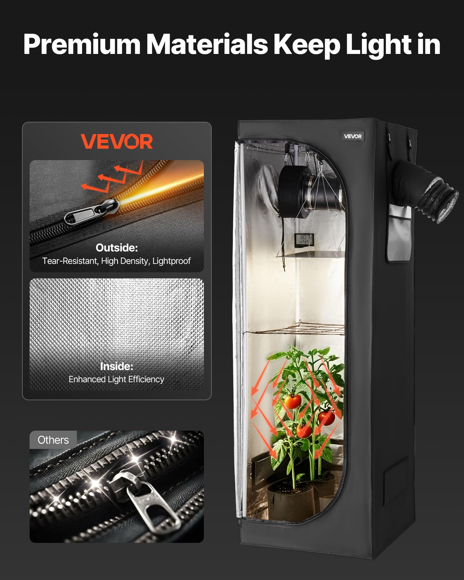 VEVOR Kit Completo per Tenda da Coltivazione da Interno 60x60x180 cm Tenda da Coltivazione con Illuminazione LED a Spettro Completo, Sistema di Ventilazione, Mylar 600D, per Fiori Verdure