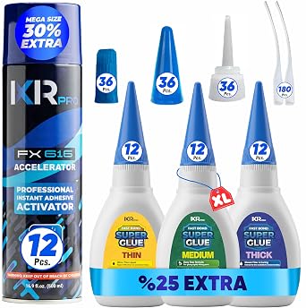 CA Glue with Activator Kit 36 x 1.75 oz Thin, Medium, Thick + 12x 16.9 fl oz Accelerator Spray, Cyanoacrylate Super Glue for Woodworking, 3D Printing, Plastic, Guitar Repair & Hobby Projects