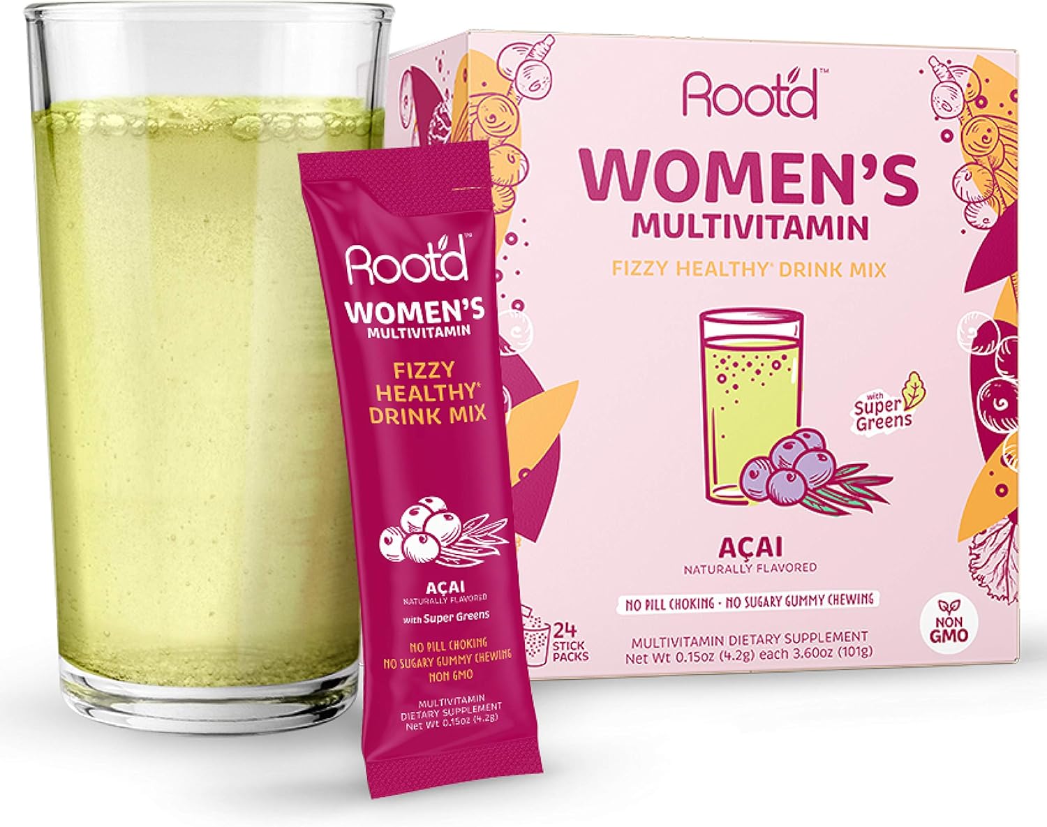 Root’d – Powder Multivitamin For Women – With 25 Vitamins & Minerals | Vitamin A, C, D, E, B12, B6, K, Iron, Probiotics, Electrolytes, Organic Super Greens | Natural Acai | 24 Effervescent Stick Packs