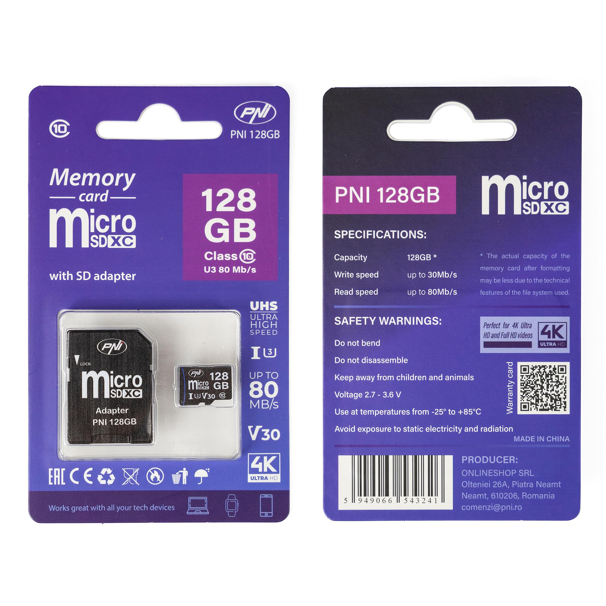 Lot de 2 Cartes mémoire PNI 128 Go Classe 10, 80 Mo/s, V30 avec adaptateurs SD Inclus